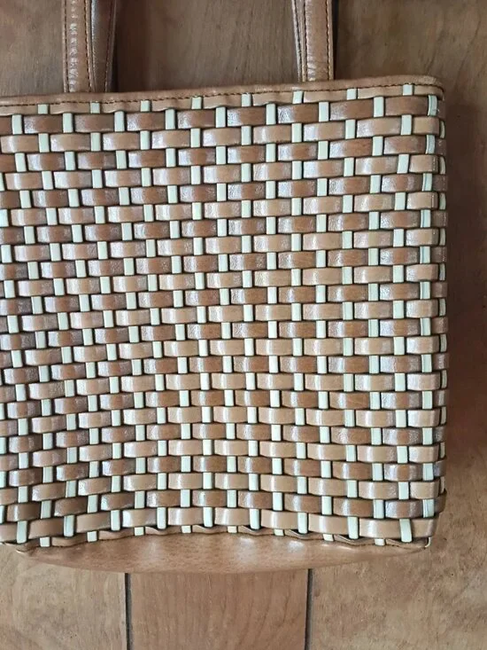 Nine West Woven Tote Bag Tan Beige Shoulder Purse Basket Weave Boho Y2K - Picture 2 of 5